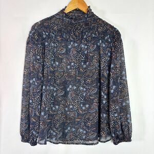 Dear John Blouse Womens Medium Navy Paisley Mock Neck Sheer Metallic Threads NWT
